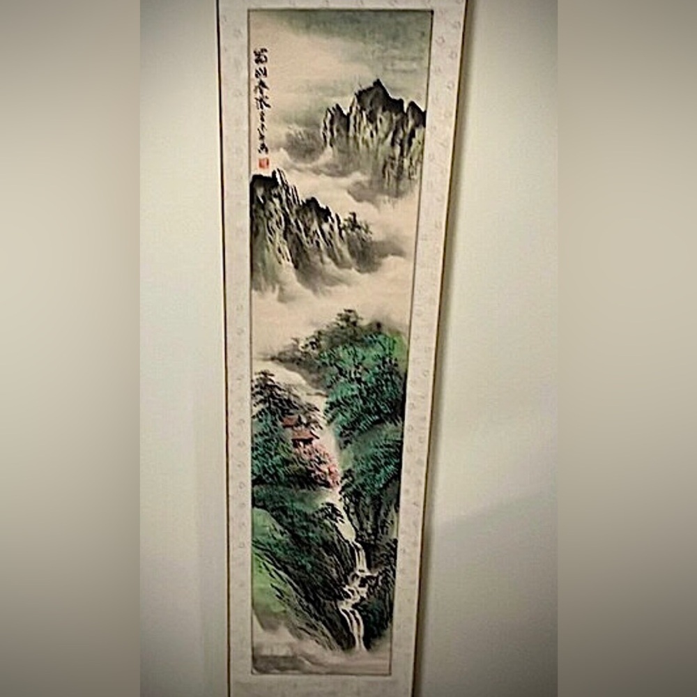 Vintage Chinese Mountain watercolor & black ink Landscape Brush painting 51”